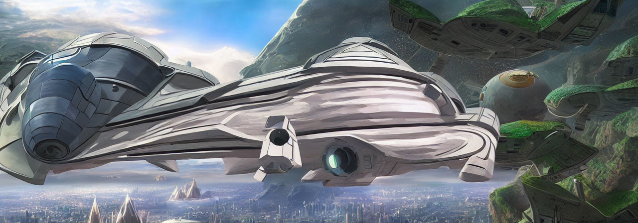 Futuristic spaceship flying over advanced cityscape with green areas