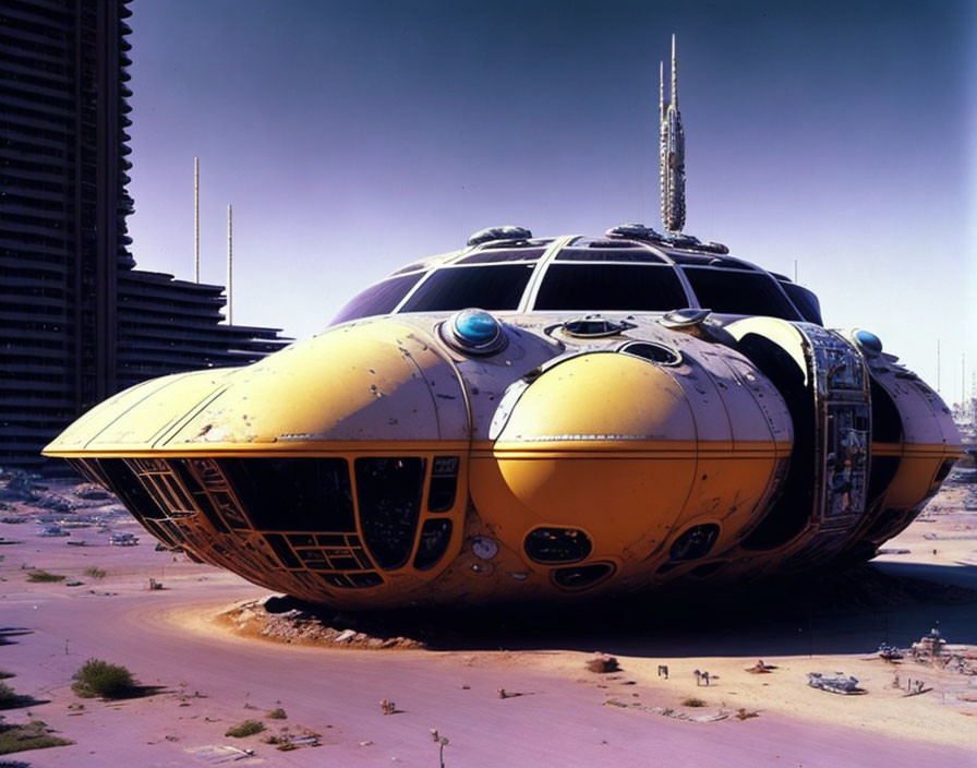 Yellow Submarine-Like Vehicle in Desert Cityscape with Derelict Buildings