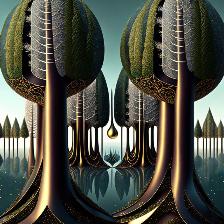 Mirrored tree-like structures in surreal landscape