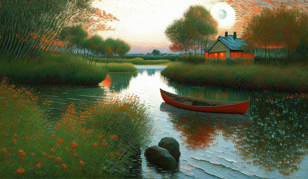 Tranquil river scene with red canoe, house, greenery, and twilight sky
