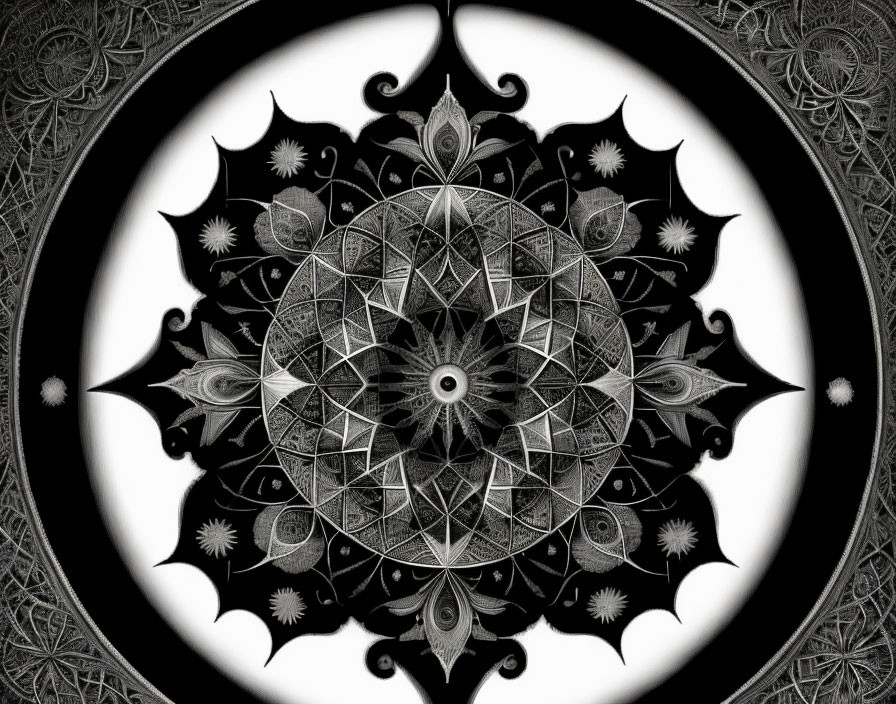 Intricate Black and White Mandala with Geometric and Floral Designs