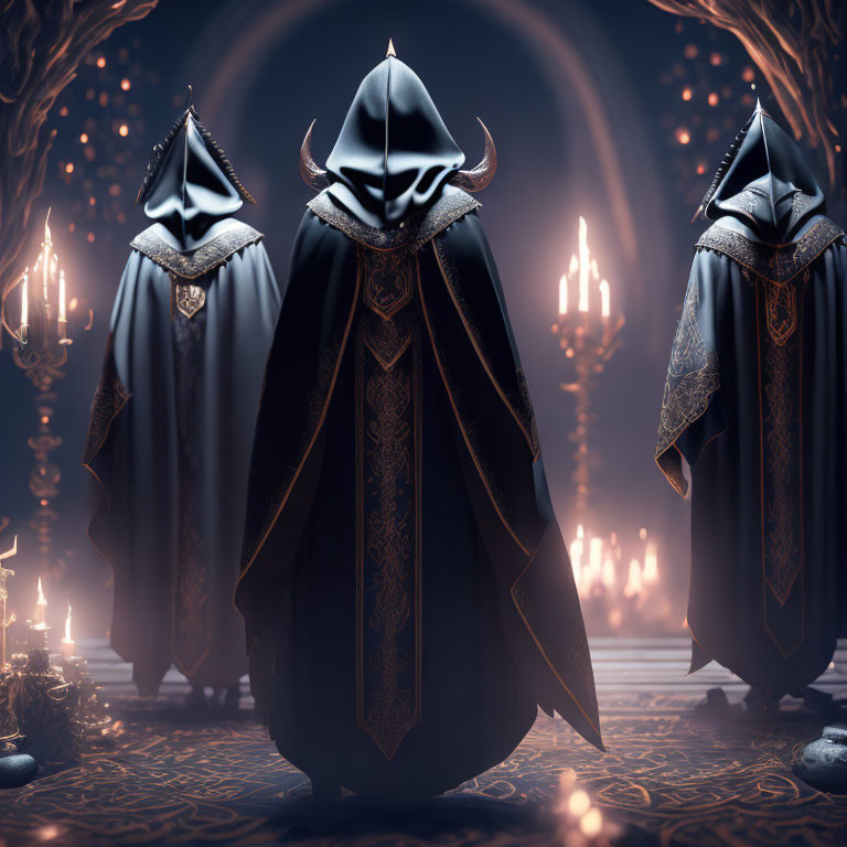 Mysterious cloaked figures in candlelit room with ornate robes