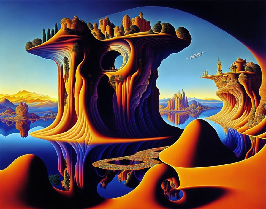 Surrealist painting with melting landscape and bird in flight