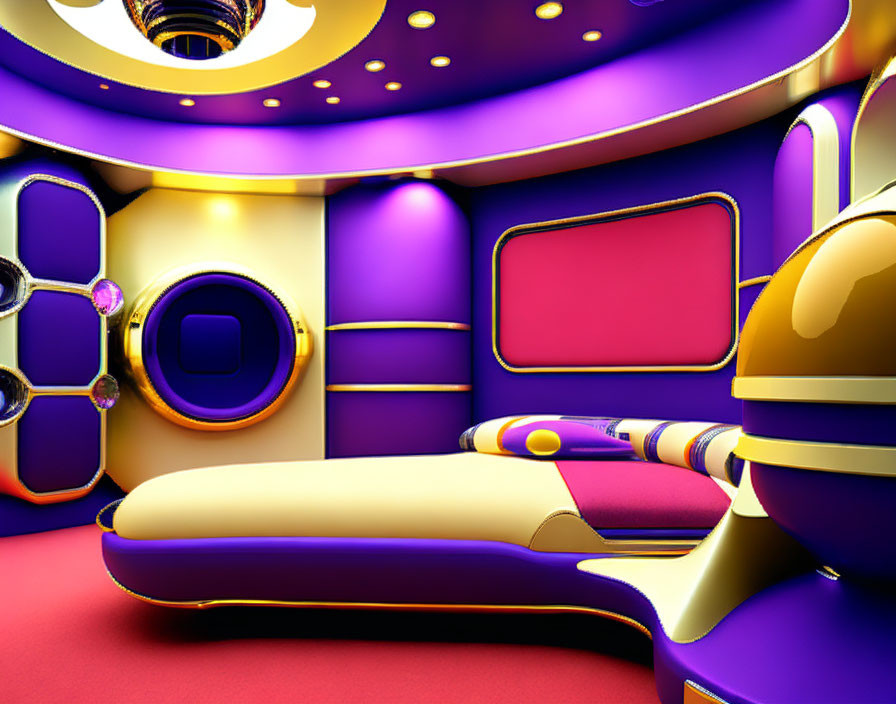 Modern interior design with purple and gold tones and sleek furniture