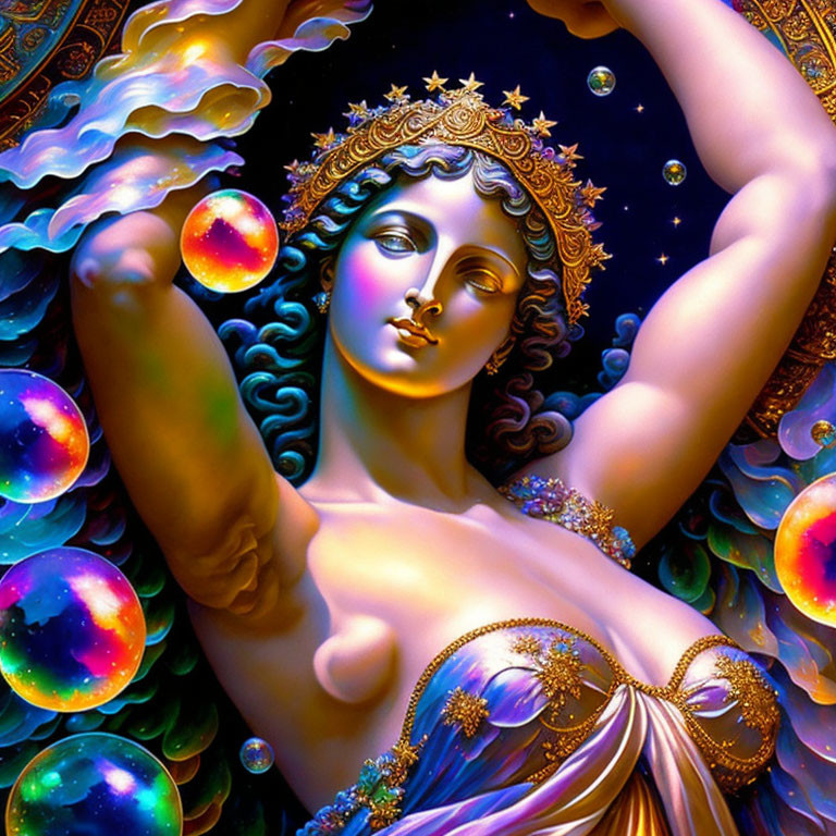 Vibrant cosmic artwork featuring woman and celestial orbs