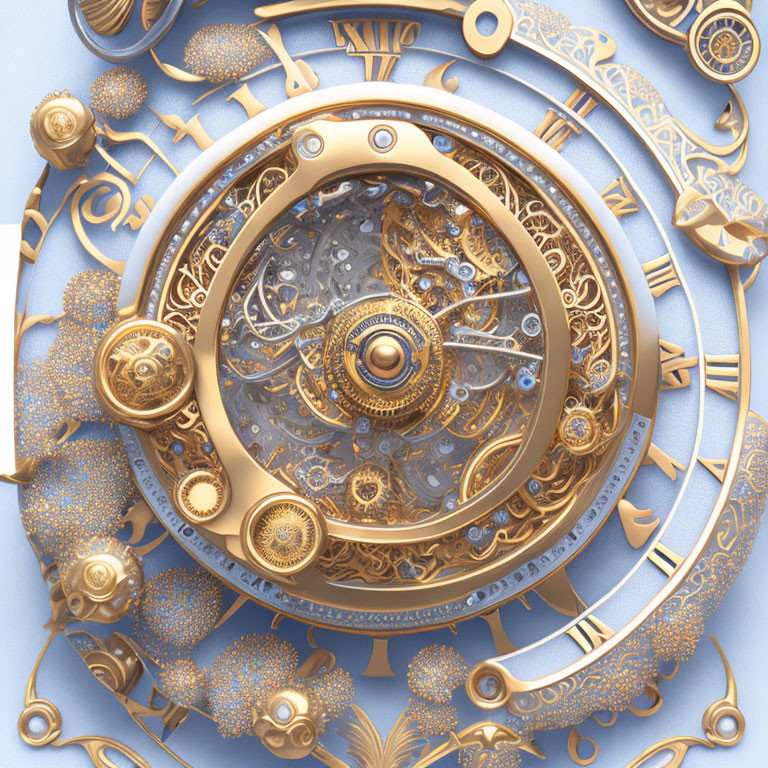 Golden clockwork mechanism with cogs and filigree on blue background
