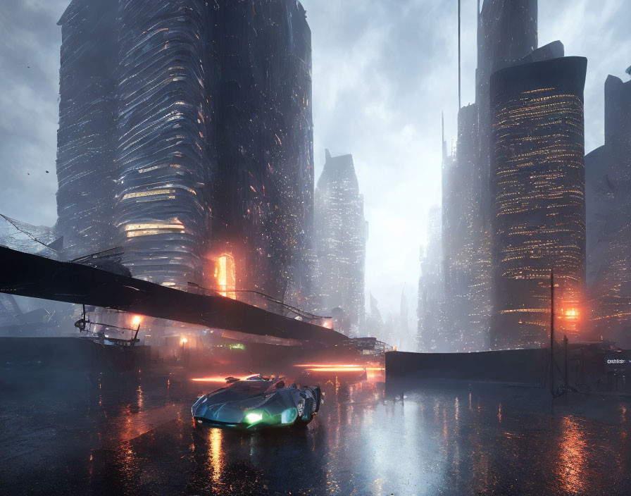 Futuristic car with glowing lights in dark, dystopian cityscape