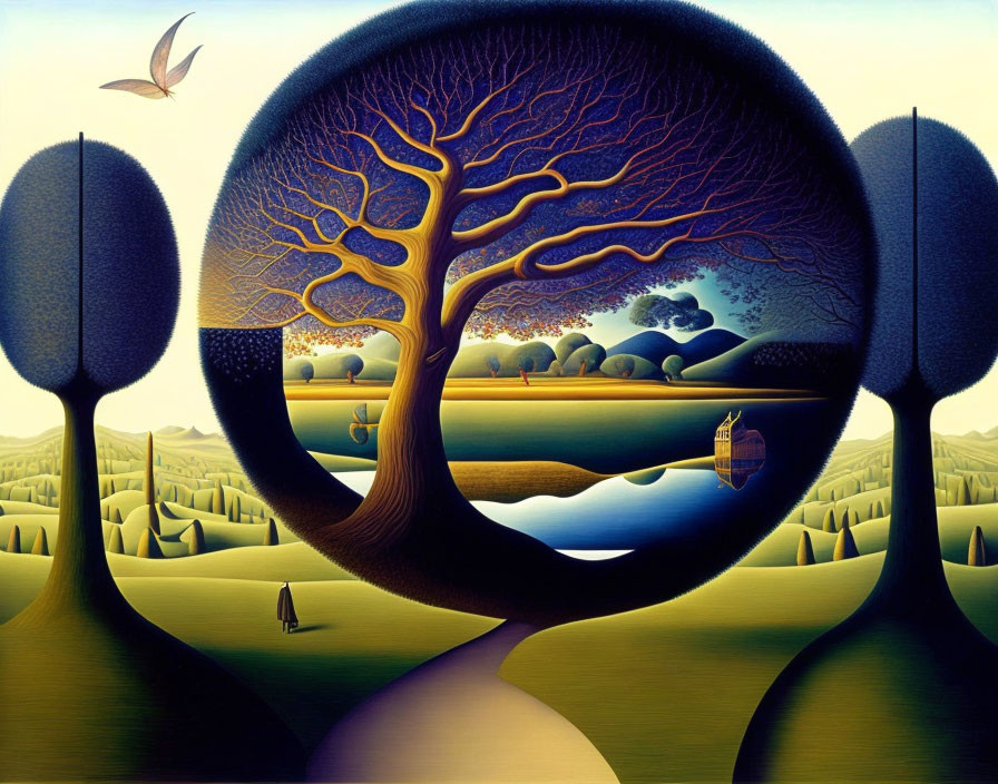 Surreal landscape painting with circular frames, intricate trees, river, hills, and solitary figure in