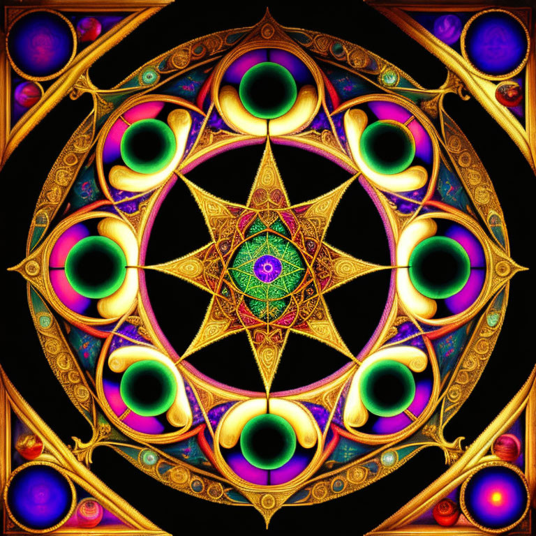 Colorful fractal art with golden star and concentric circles on black background