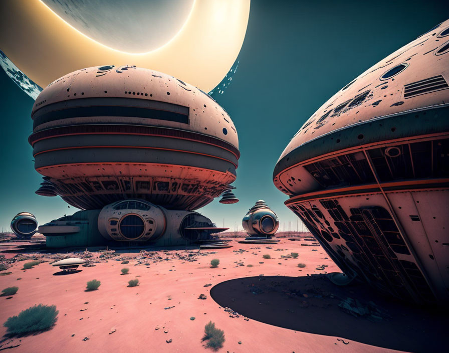 Alien desert planet with futuristic domed structures and ringed planet in sky