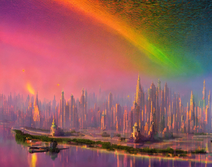 Colorful futuristic cityscape with rainbow sky and floating orbs over serene water