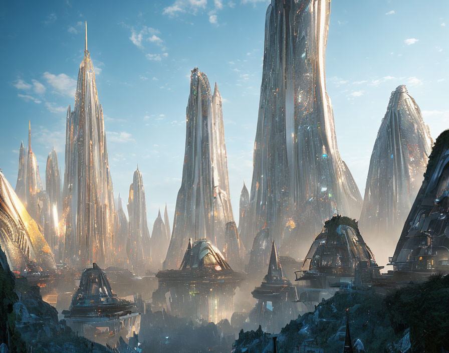 Futuristic cityscape with crystalline skyscrapers and rocky landscape