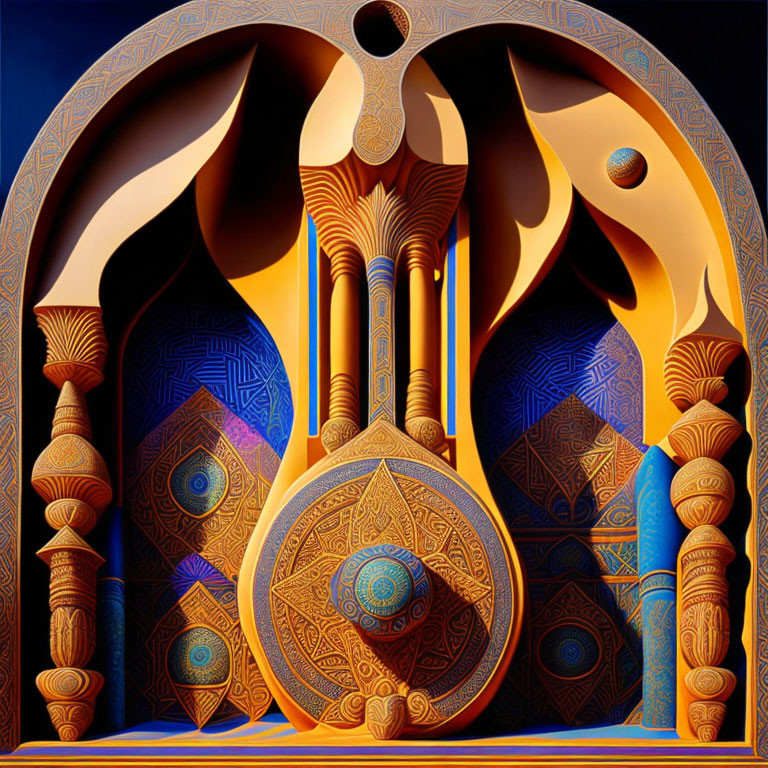 Surreal digital artwork: ornate pillars, arches, intricate patterns in blue, gold,