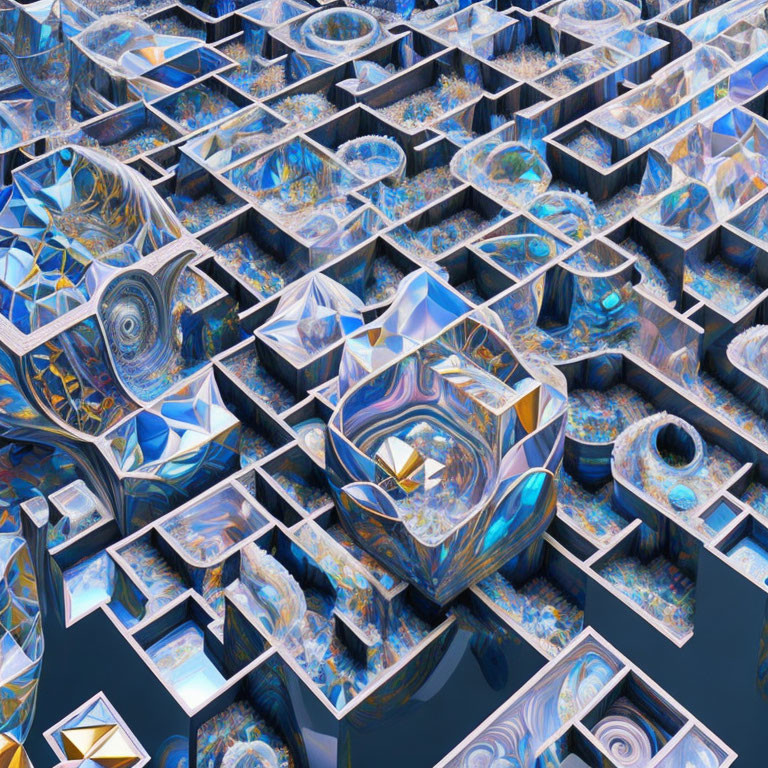 Vibrant 3D fractal landscape with reflective geometric structures