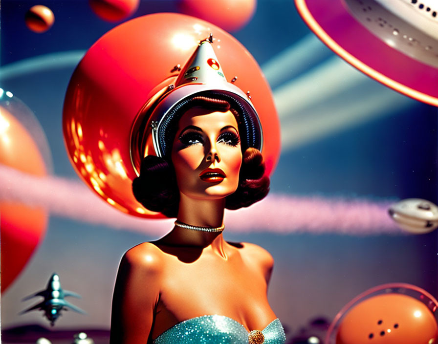 Digital artwork of a stylized woman in a space helmet among colorful planets and flying saucers