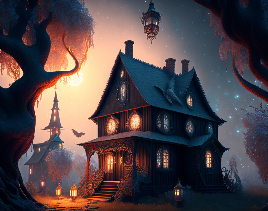 Twilight scene with fairy-tale cottage, lanterns, and mystical ambiance