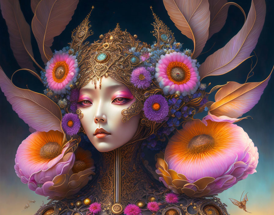 Woman in ornate floral headdress with golden jewelry in digital art