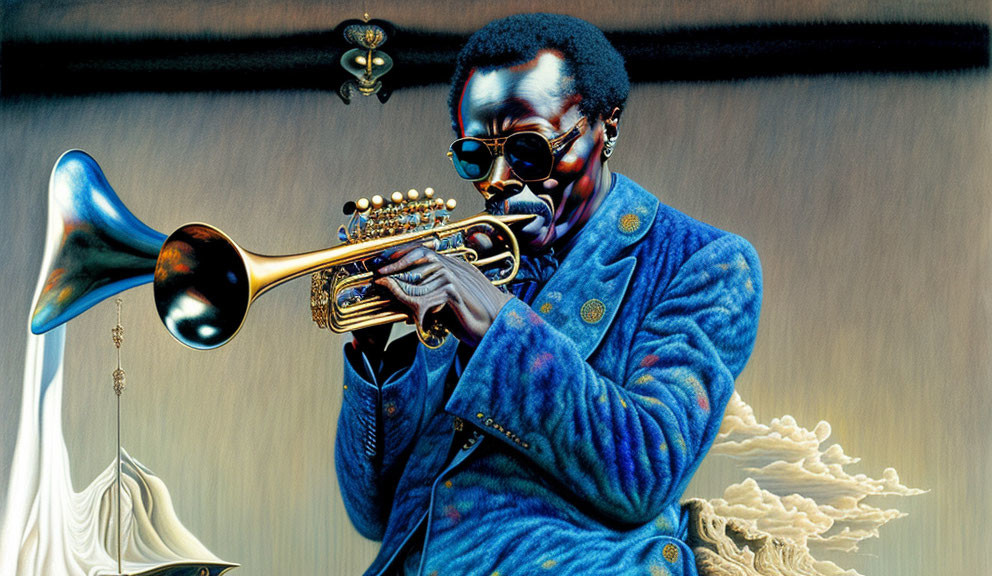 Colorful Artwork: Man in Sunglasses Playing Trumpet in Blue Jacket