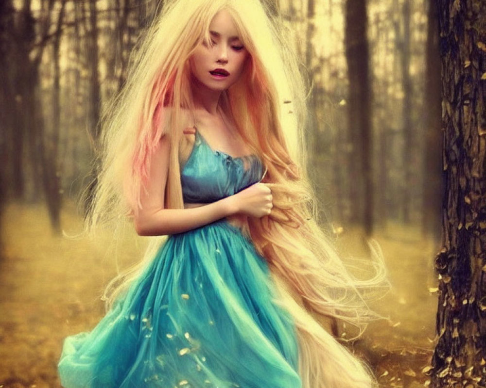 Blonde woman in blue dress in golden forest scene
