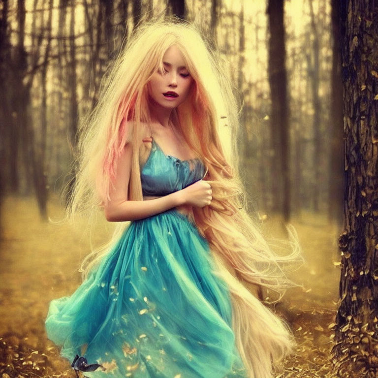 Blonde woman in blue dress in golden forest scene