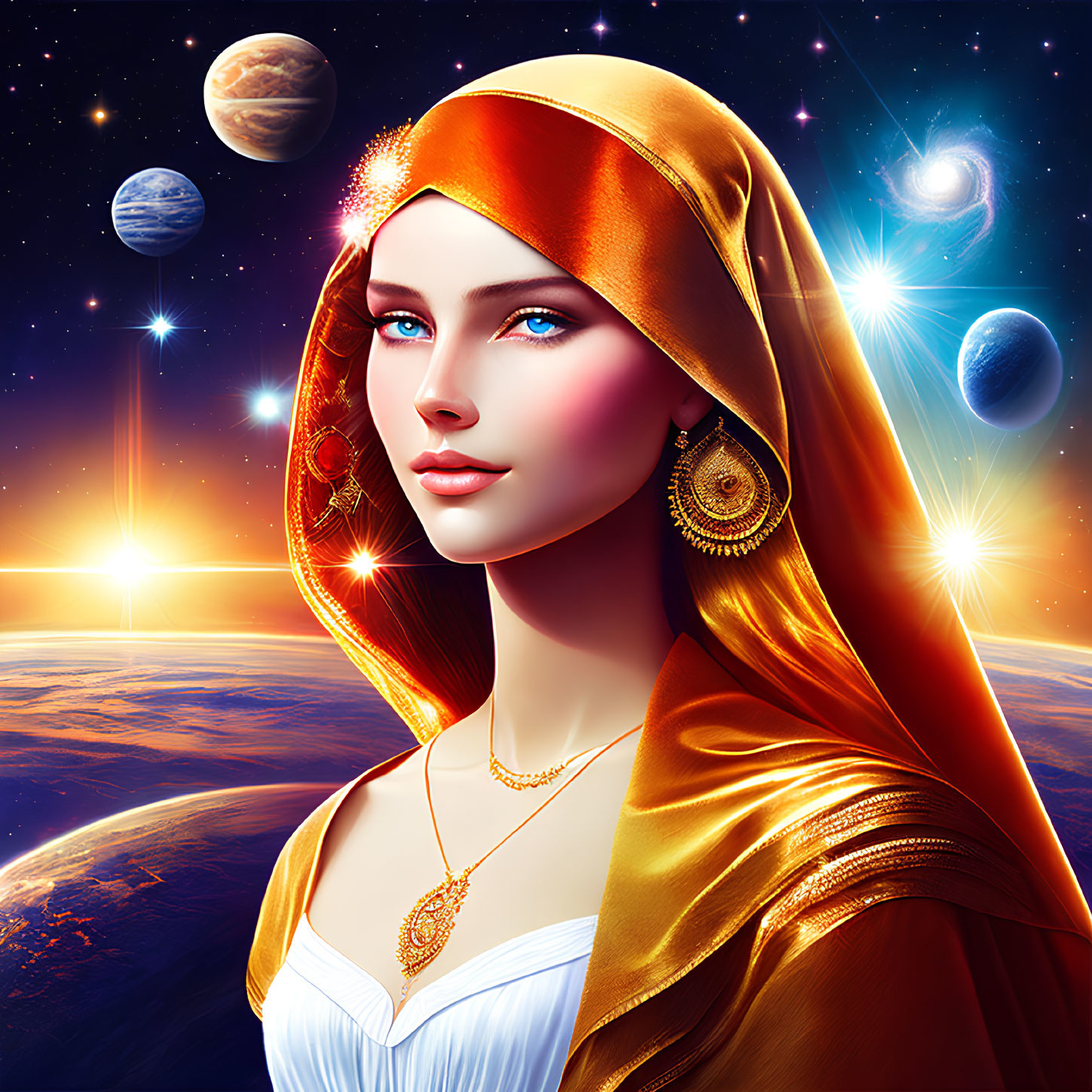 Digital artwork: Woman in golden headscarf with cosmic backdrop.