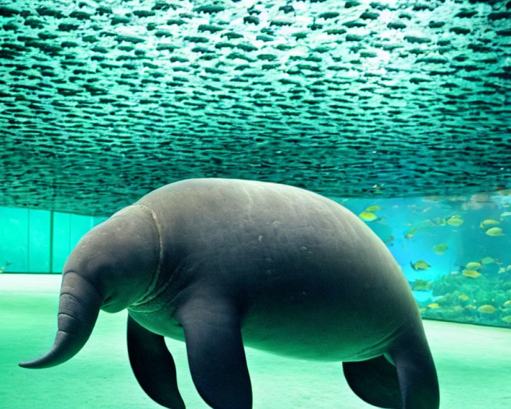 Manatee swimming in clear blue aquarium tank with small fish schools