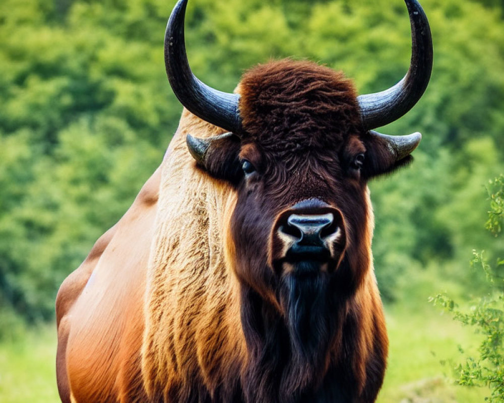 Majestic bison with curved horns in green field