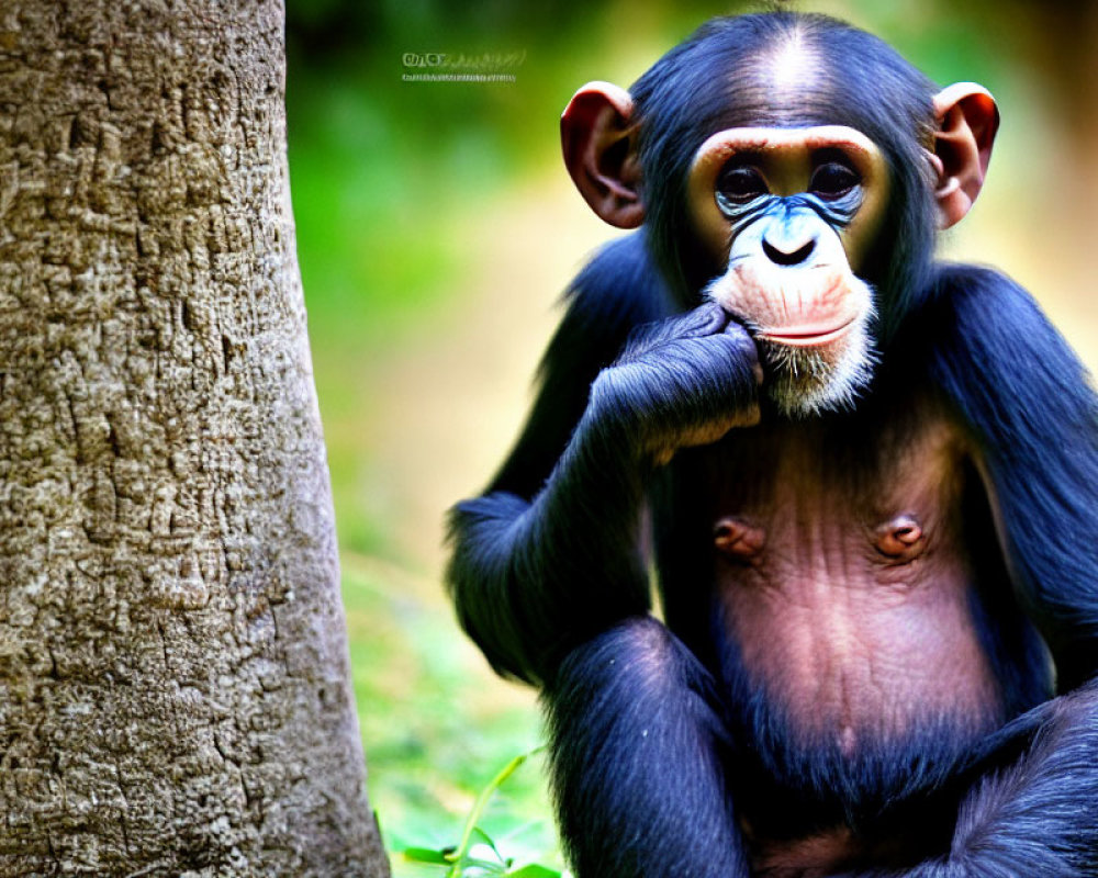 Young Chimpanzee Sitting Beside Tree with Pensive Eyes