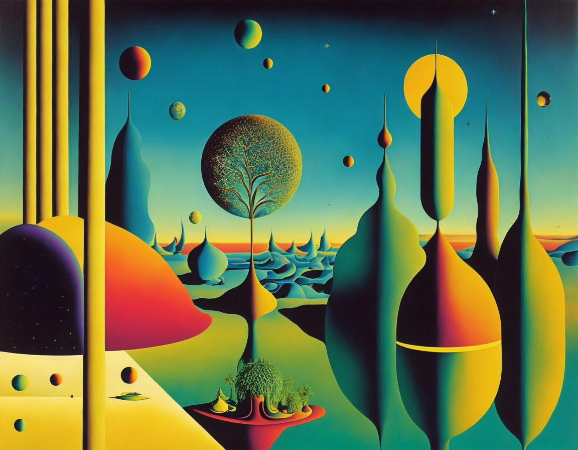 Surrealist landscape with floating spheres and lone tree at twilight
