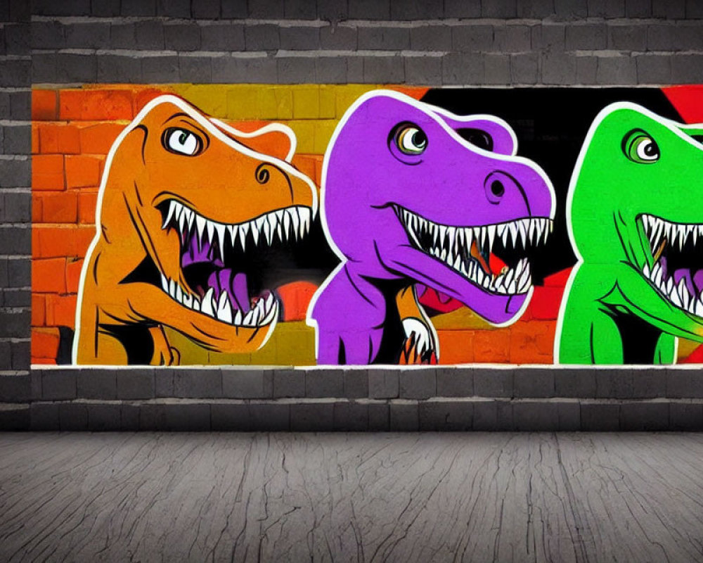 Vibrant cartoon-style T-rex graffiti on urban brick wall