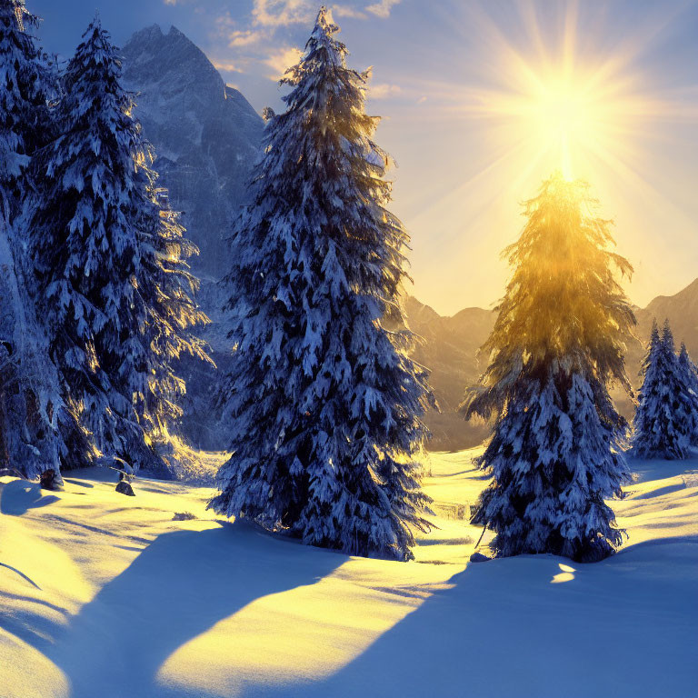 Winter Scene: Sunlight on Snowy Pine Trees & Mountains