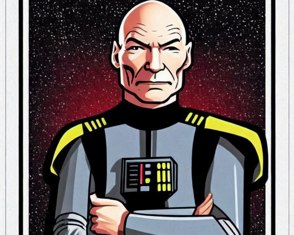 Bald Man in Gray and Black Uniform Against Starry Space Background
