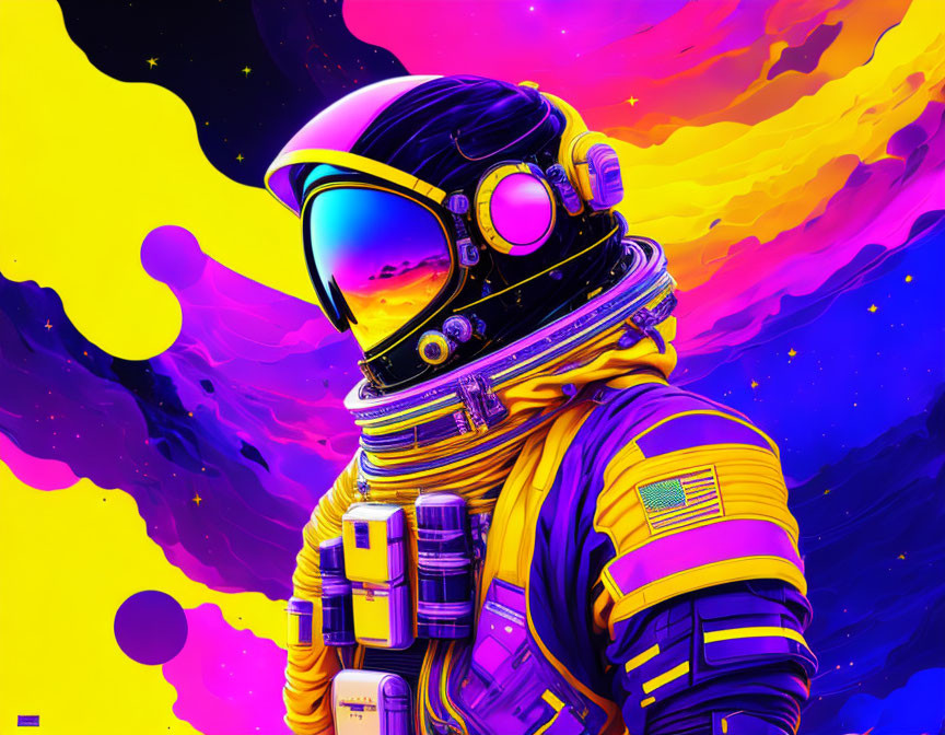 Colorful Astronaut in Yellow Space Suit on Psychedelic Neon Background