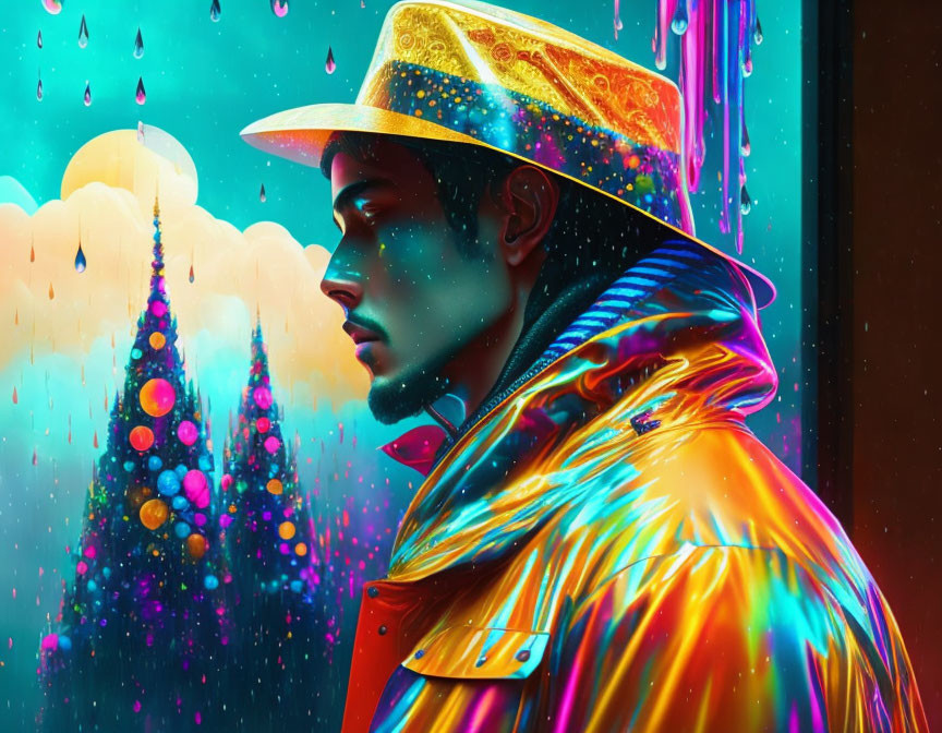 Man in vibrant jacket and hat gazes at neon-lit window with Christmas tree reflection