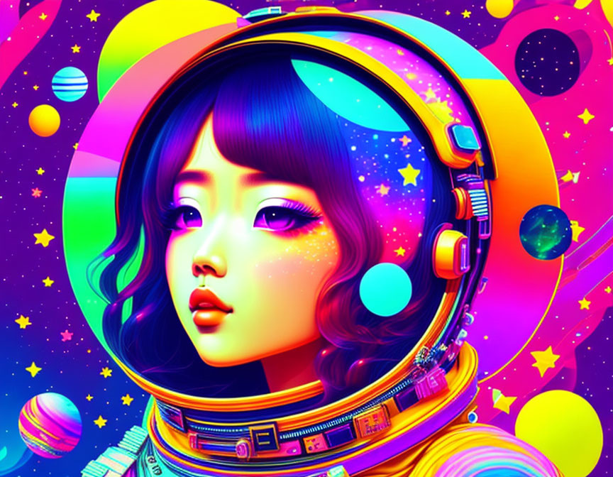 Colorful Female Astronaut Digital Artwork with Cosmic Background