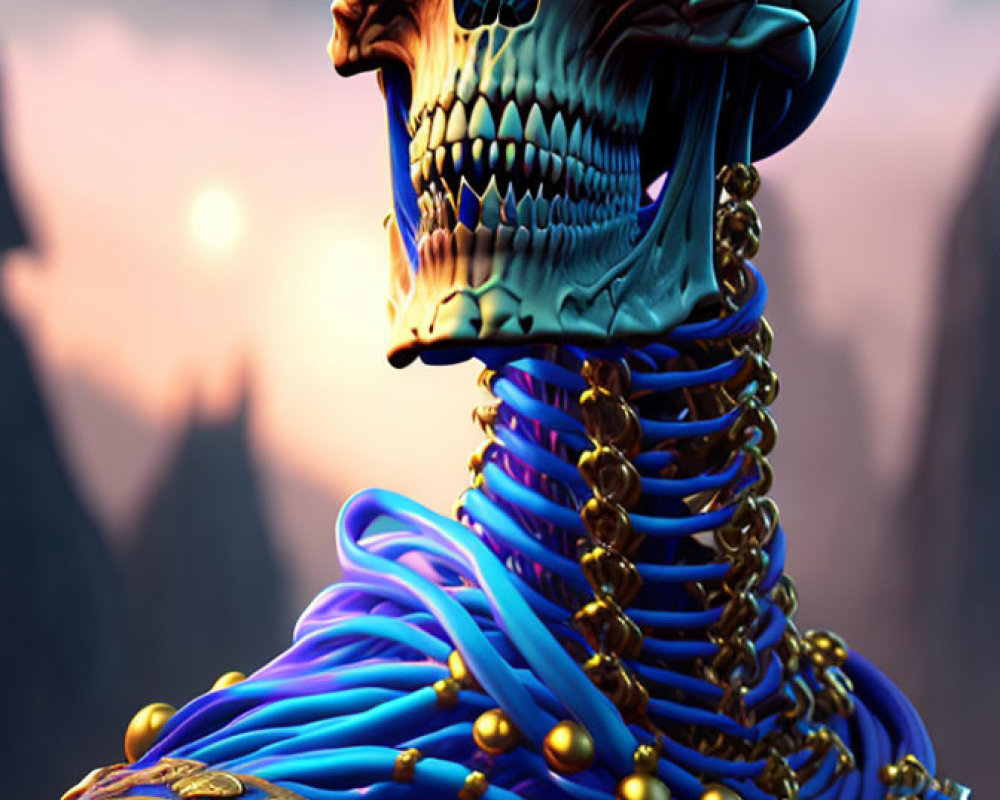 Stylized digital artwork: Skeleton in gold-trimmed robe & necklaces, against mountainous