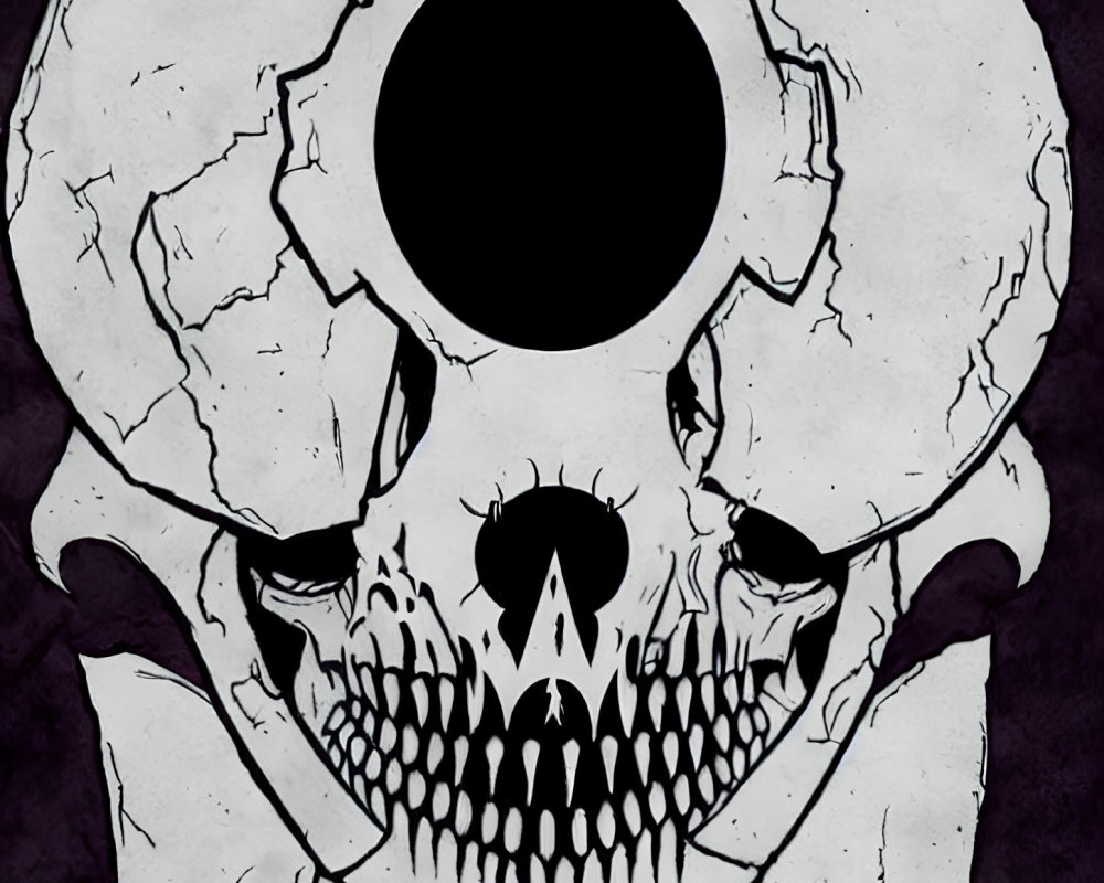 Stylized skull with large eye sockets and sharp teeth on cracked purple background