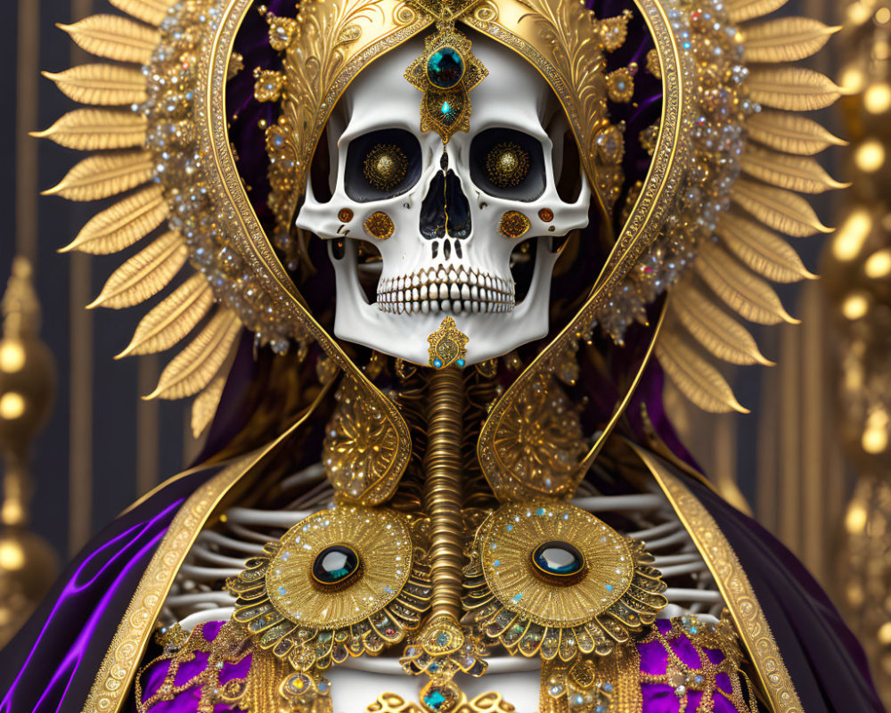Regal skeleton adorned with golden crown and jewels on blue background
