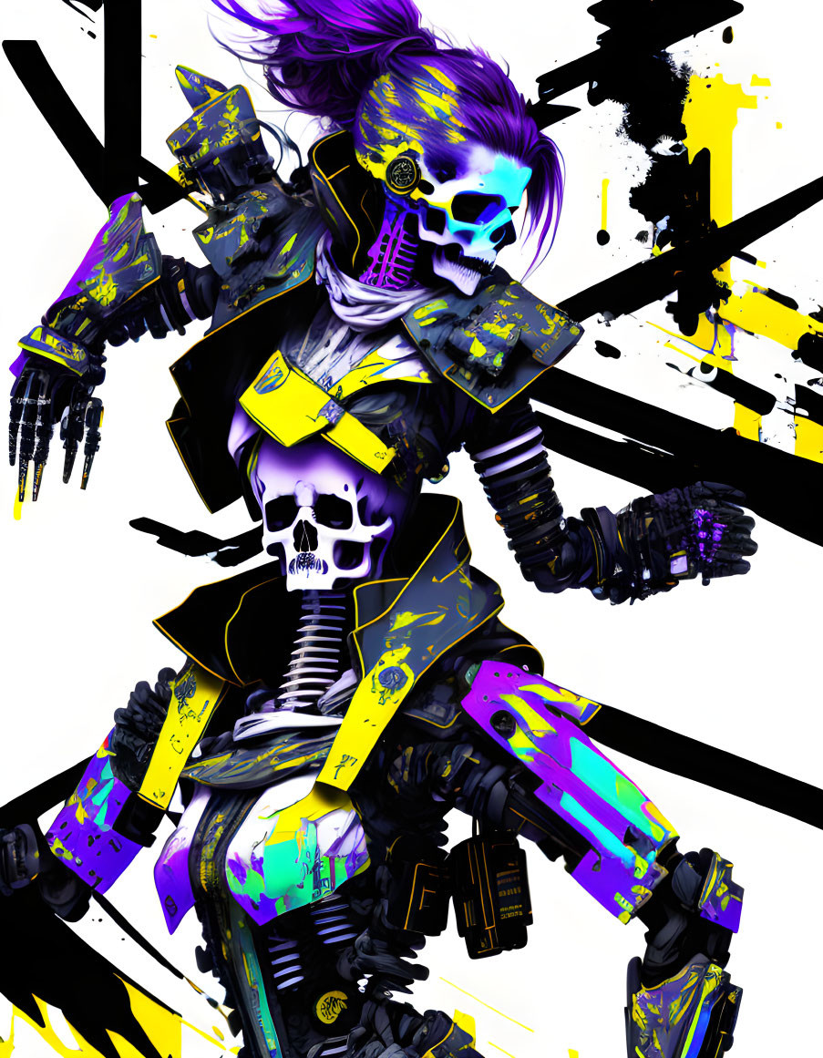 Cyberpunk digital art: Skeleton figure in yellow and black, with mech armor and graffiti.