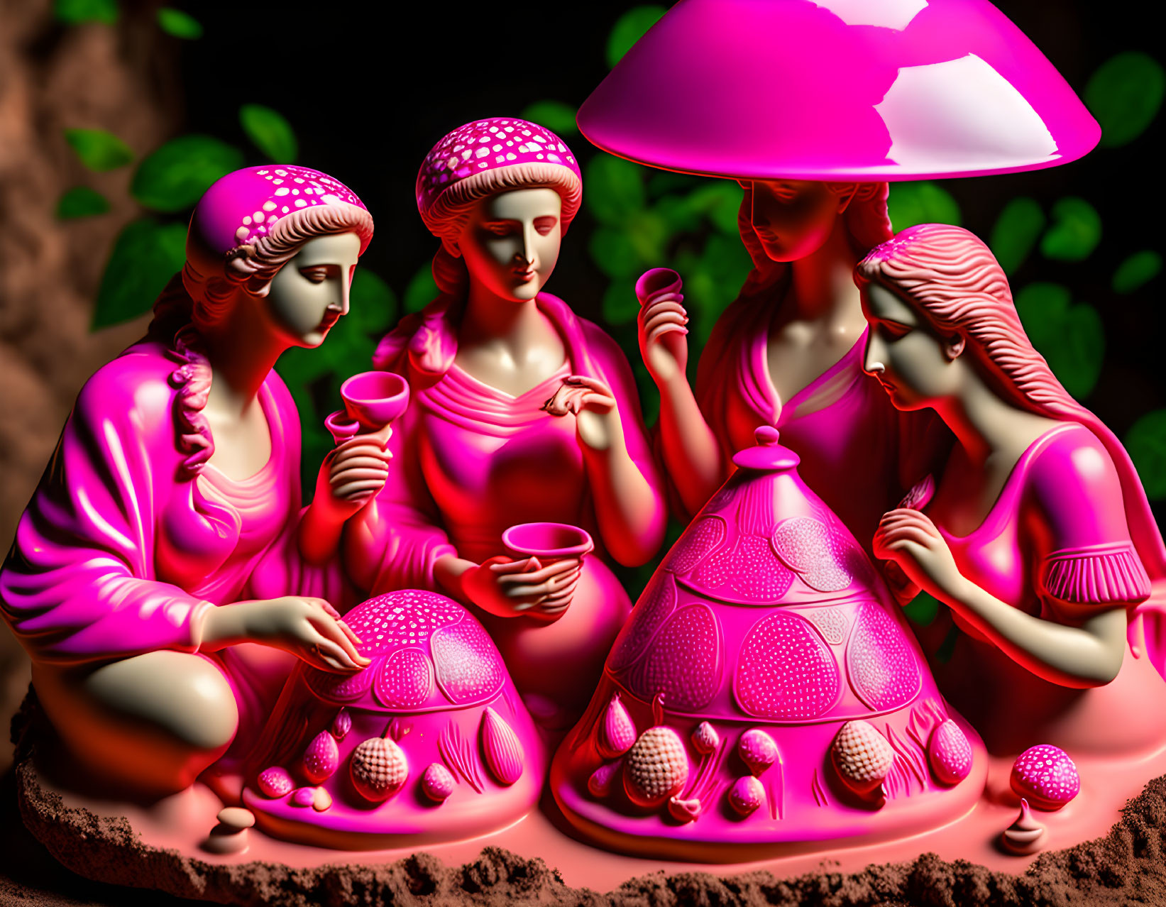 Colorful 3D Rendering of Four Women in Pink Attire Under Mushroom Umbrella