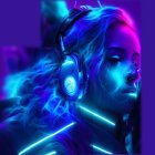Vibrant cyberpunk portrait of woman with neon lighting and headphones
