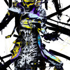 Cyberpunk digital art: Skeleton figure in yellow and black, with mech armor and graffiti.