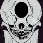 Stylized skull with large eye sockets and sharp teeth on cracked purple background