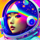 Vibrant female astronaut in space helmet with cosmic background