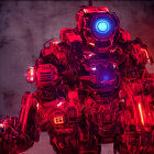 Futuristic red and grey robot with glowing lights on pink background
