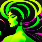 Colorful digital art of woman with neon green and pink swirls on black background