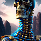 Stylized digital artwork: Skeleton in gold-trimmed robe & necklaces, against mountainous
