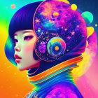 Female astronaut illustration with galaxy helmet on cosmic background