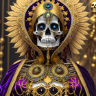 Regal skeleton adorned with golden crown and jewels on blue background