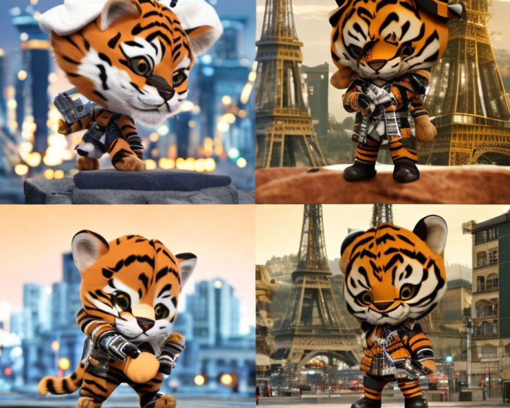 Animated tiger character in chef's hat and scarf poses with Eiffel Tower backdrop